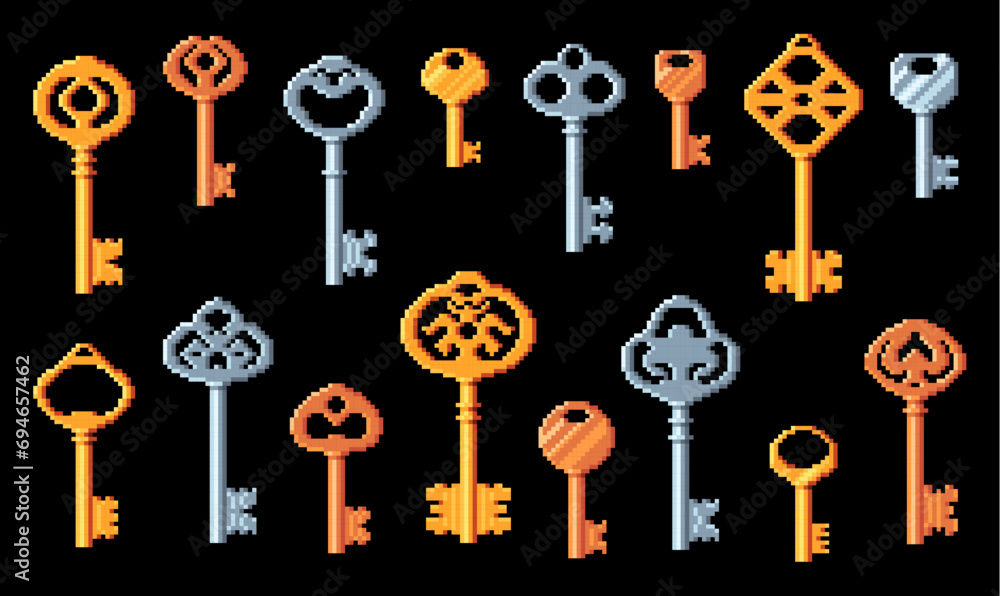 Poster vintage and modern keys. pixel art 8bit game icons. golden and silver door, lock keys retro computer