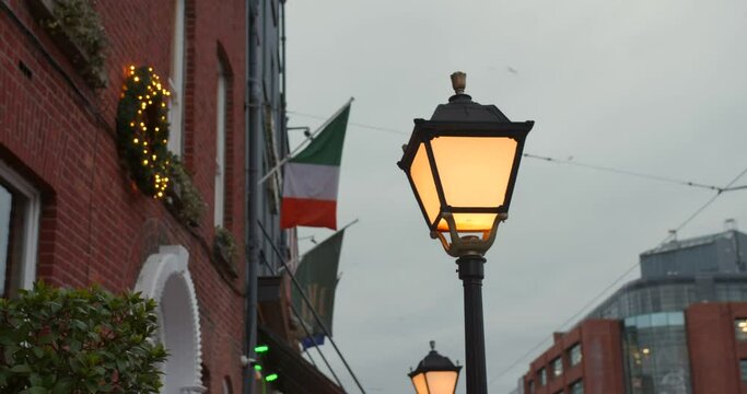 Typical Vintage Streetlamp On The Urban Streets In Dublin, Ireland. Low Angle Shot