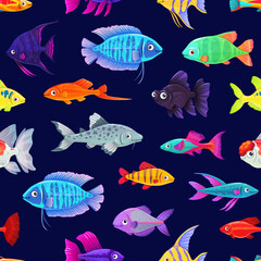 Cartoon aquarium fishes seamless pattern, cute tropical fishes in sea or ocean, vector background. Underwater or undersea aquarium colorful swimming fishes pattern for kids print fabric background