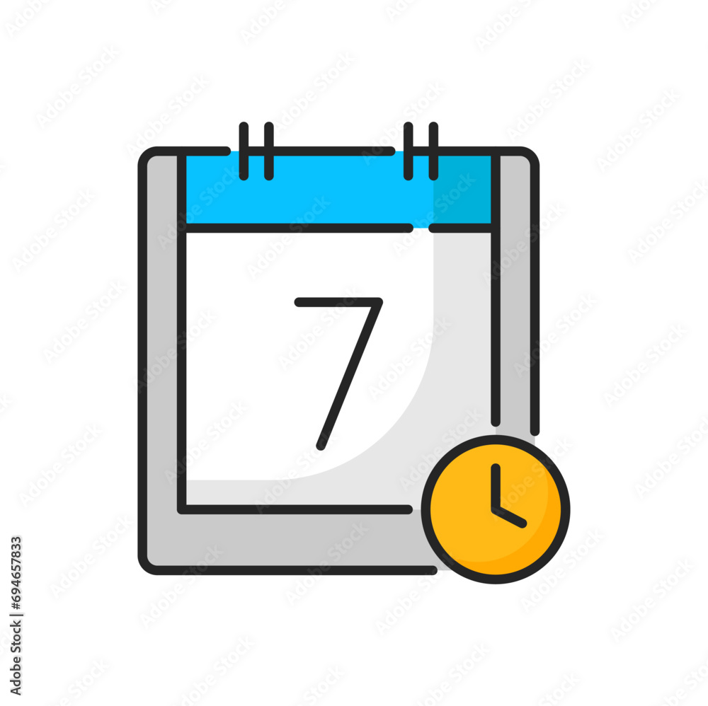 Poster Calendar with clock timer, page with 7 day date outline icon. Vector alarm sign, deadline, time management, reminder notification timer