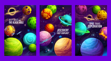 Cartoon galaxy space planets posters, fantasy UFO and alien spacecraft, vector background. Kids galactic and fantastic outer space posters with spaceflight discovery and black hole exploration - obrazy, fototapety, plakaty