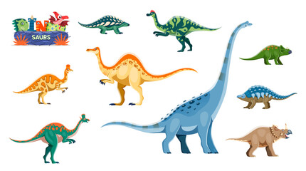 Funny dinosaurs cartoon personages. Nodosaurus, Hypacrosaurus, Corythosaurus and Deinocheirus, Lambeosaurus, Titanosauria, Centrosaurus and Avaceratops, Panoplosaurus dinosaur funny characters set