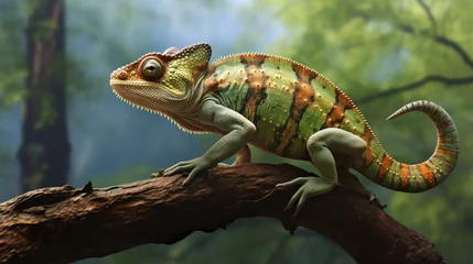 Fotobehang Green Chameleon on treeAnimal Chameleon Rainforest Nature. Generative AI © Fuji