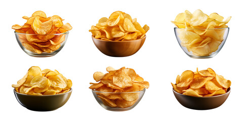 Collection set of potato chips in a bowl isolated on a transparent background