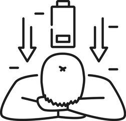 Burnout syndrome. Psychological disorder problem, mental health icon. Psychotherapy, human psychology or mental disorder problem thin line vector icon with tired, stressed man, low energy battery
