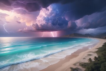 glowing pastel beauty beach arial view in the background with cloudy and thunder epic realistic view