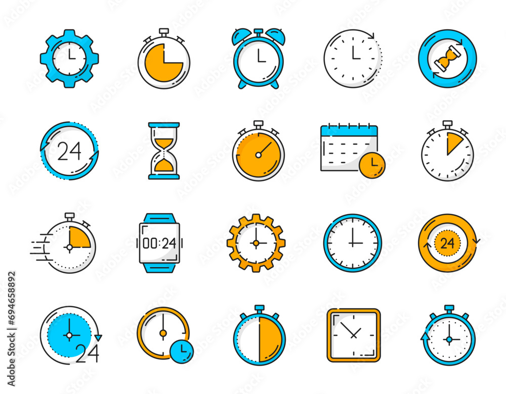Poster timer clock color outline icons. calendar reminder, clock alarm, stopwatch timer pictograms. digital