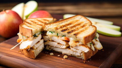 Grilled organic chicken sandwich with green apple, lettuce and cheese sauce. Generative AI
