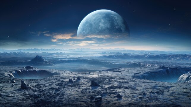 barren alien landscape bathed in the glow of a giant moon