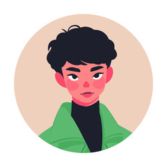 Vector illustration of man portrait in casual clothes on white background. Flat cartoon or comic style. Circle shape. Neutral, friendly facial expression. Male character face in round frame.