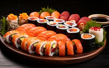 Plate with fresh sushi with dark background
