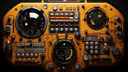 close-up of a control panel with buttons and instruments on a black background