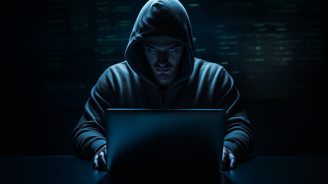 Creepy Hacker on Laptop in Dark Room