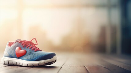 Blue running shoe with a red heart symbol