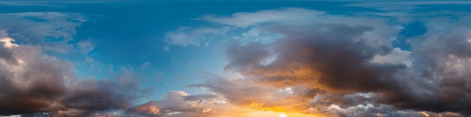 Sunset sky panorama with bright glowing pink Cumulus clouds. HDR 360 seamless spherical panorama. Full zenith or sky dome for 3D visualization, sky replacement for aerial drone panoramas.