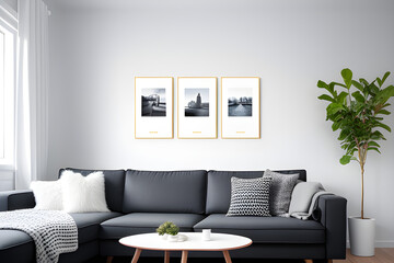 Three blank vertical photo frame mock up in scandinavian style living room interior. 3d rendering. Modern living room