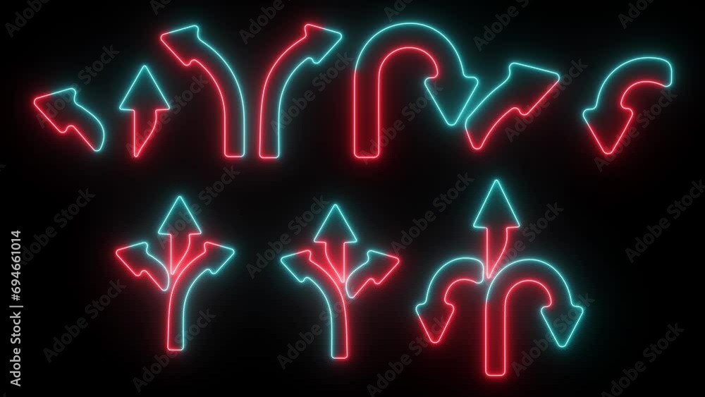 Poster neon all direction arrow animation. glowing way direction arrow sign animation. three arrow, way sig
