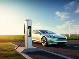 Electric car on the road and charger station 