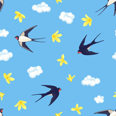 Swallows flying in spring blue sky seamless pattern. Vector birds, yellow flowers and white clouds. Cartoon illustration. Nature background.