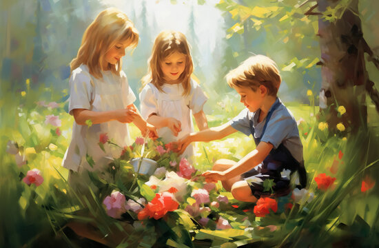Abstract painting of kid,brother and sister at with colorful flower in forest.book cover background, and novel concepts ideas
