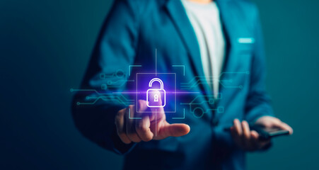 network security Cybersecurity and privacy concepts to protect data. Lock icon and internet network security technology. Businessman protecting personal data on smartphone, virtual screen interfaces.