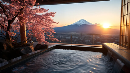 Onsen with sakura and Fuji mountain background, very detail, Golden light, wide angle