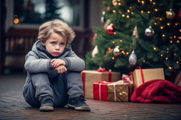 Fototapeta na wymiar Sadly depressed little child waiting for Santa Claus at domestic home Christmas party in front of the decorated Christmas tree background.