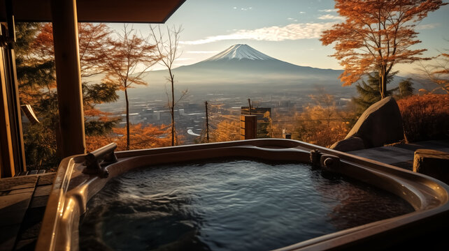 Onsen with autumn leaves and Fuji mountain background, very detail, Golden light, wide angle