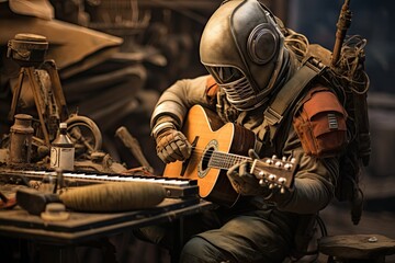 person in post-apocalyptic attire playing an acoustic guitar - obrazy, fototapety, plakaty