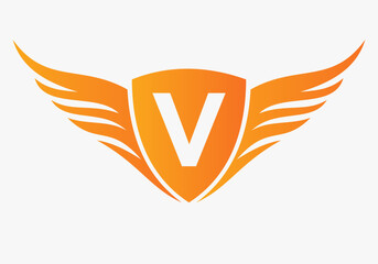 Wing Logo On Letter V For, Transportation Symbol. Freight Sign