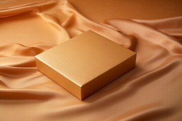 A golden silk-thread empty magnetic cardboard box with copy space on blank labels for customization, positioned on a luxurious golden silk surface. Empty blank label cardboard Box. - obrazy, fototapety, plakaty