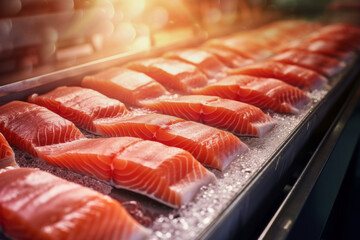 A production line of fresh salmon fillets at a fish processing factory. Close-up.