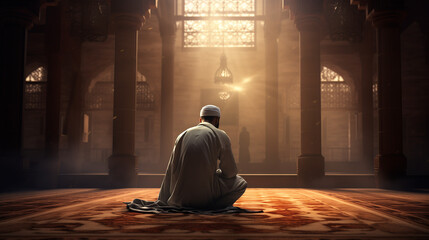 a muslim man praying in mosque, ramadan, islamic background, Generative AI