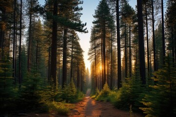 Obraz premium Tall pine trees dominate the scene with their towering trunks and lush green foliage