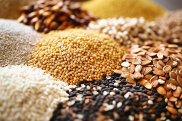 Obraz premium Different types of legumes and cereals, top view. Organic grains. Close-up. Natural products without GMOs.