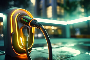 Electric car charging station in a modern city. Availability and environmental friendliness. Green energy. Modern charging station