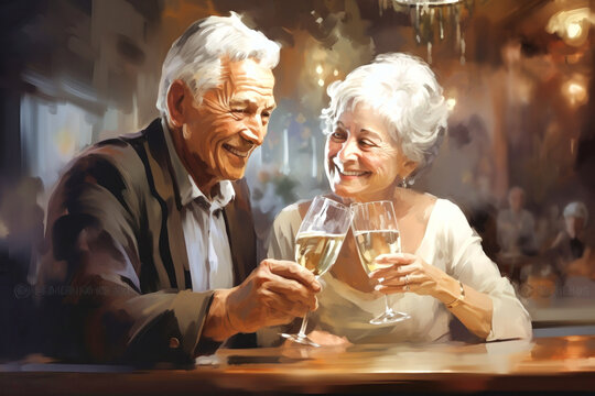 The concept of an active social lifestyle for older people. An elderly couple drinks alcoholic drinks in a bar or restaurant. Lovers enjoying happy hour at the bar.