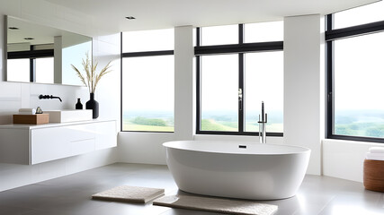 Fototapeta na wymiar beautiful bathroom interior backdrop concept white bathtub modern contemporary room.