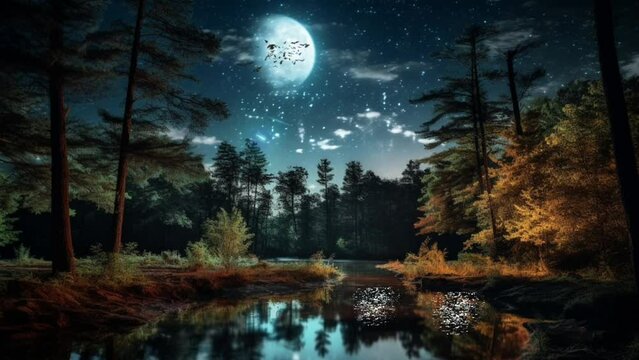 night view with moon, forest. seamless looping time-lapse virtual video animation background. Generated AI