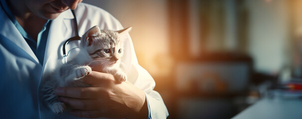Man vet doctor with gloves holding small cat color striped in one hand.Safety and care of animals. Veterinary clinic. Treatment of a cat. Professional medical care. Copy space. Ultra wide banner