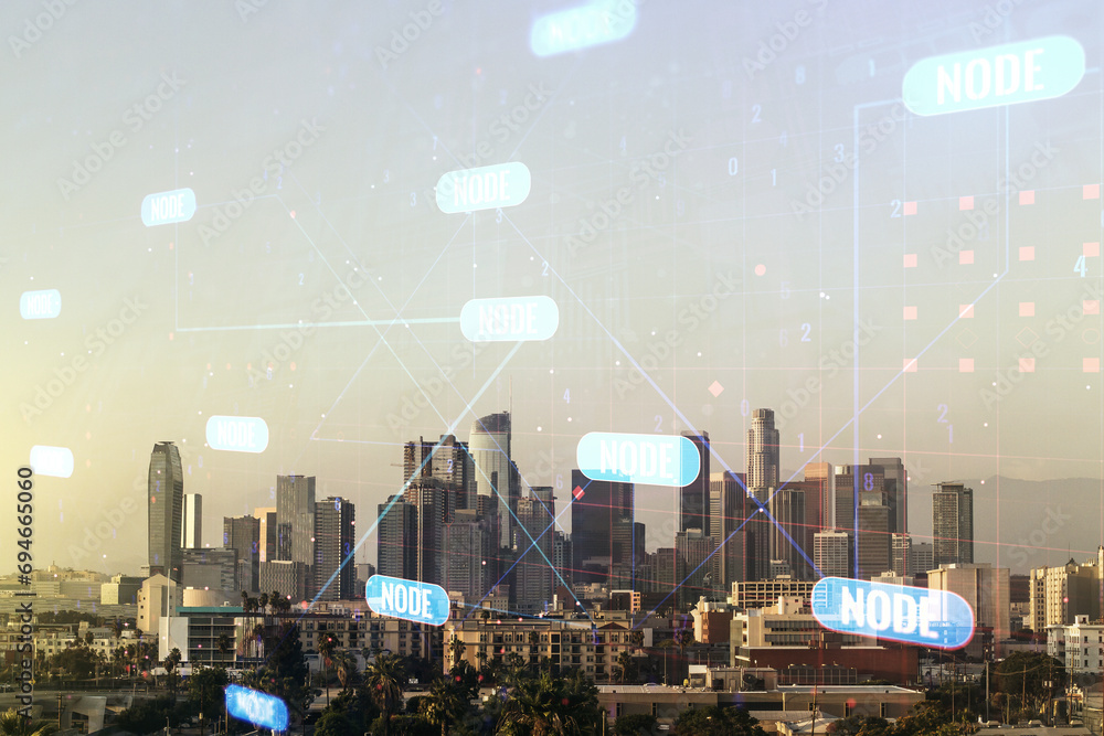 Poster abstract virtual coding concept on los angeles skyline background. multiexposure