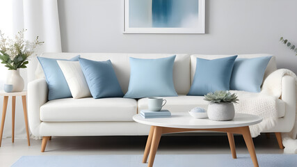 pillow sofa white and blue pastel nordic style decorating. cosy comfort home interior design concept