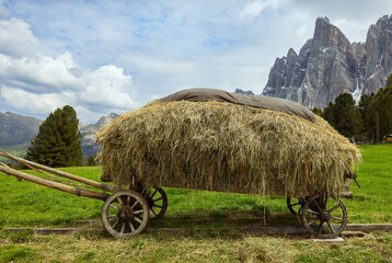 cart with hay against the backdrop of the beautiful Dolomites