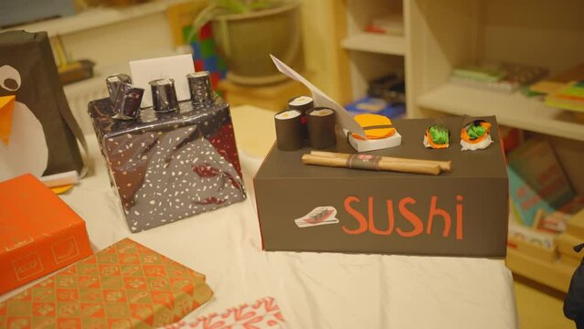 Sushi set box made out of paper and cardboard as Sinterklaas surprise