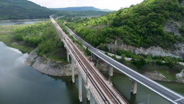 Bridges crossing the Tsonevo reservoir in valley of Luda Kamchia river. Aerial