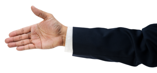 Businessman's hand reaching out to greet to shake hands, make acquaintances or make a business deal isolate on white PNG File.