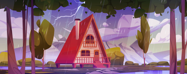 Cartoon landscape with wooden house in forest near mountains under cloudy sky, falling rain drops and lightning. Vector illustration of cabin made of wood during rainy weather and thunder storm. - obrazy, fototapety, plakaty