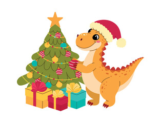 Dinosaur Tyrannosaur decorates a Christmas tree for the New Year and Christmas, vector flat illustration