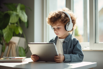 Portrait of a boy wearing headphones using gadgets since childhood. The Alpha Generation.