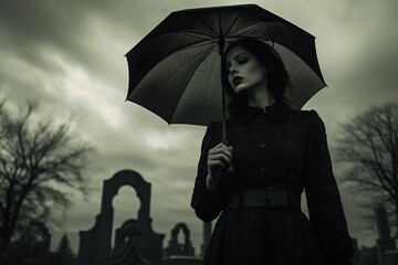 Beautiful young woman with umbrella in the cemetery